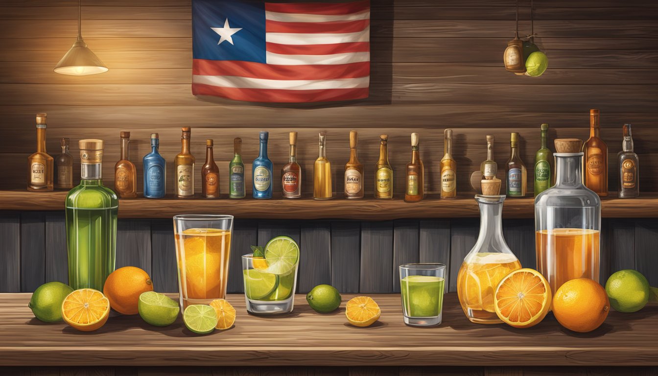 A rustic wooden bar with a variety of citrus fruits, tequila bottles, and cocktail shakers. A Texas flag hanging in the background