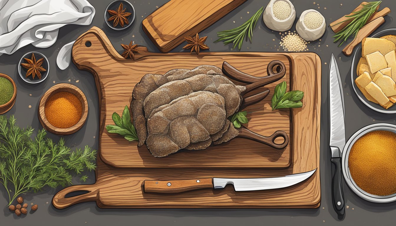 A rustic kitchen counter with a wooden cutting board, a rack of lamb, various spices, and a chef's knife