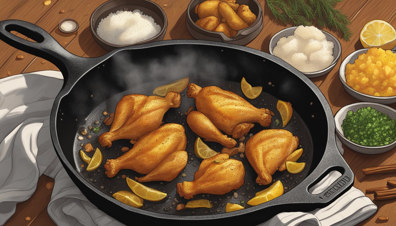 A cast iron skillet sizzling with golden-brown chicken pieces, surrounded by bubbling oil and a dusting of Texan spices