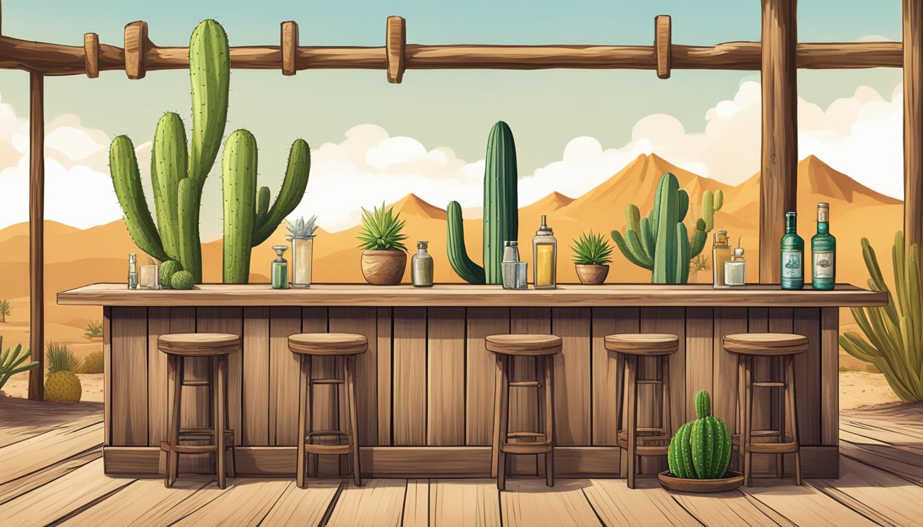 A rustic wooden bar with a lime wedge, salt, tequila, and a shaker surrounded by cacti and a desert landscape