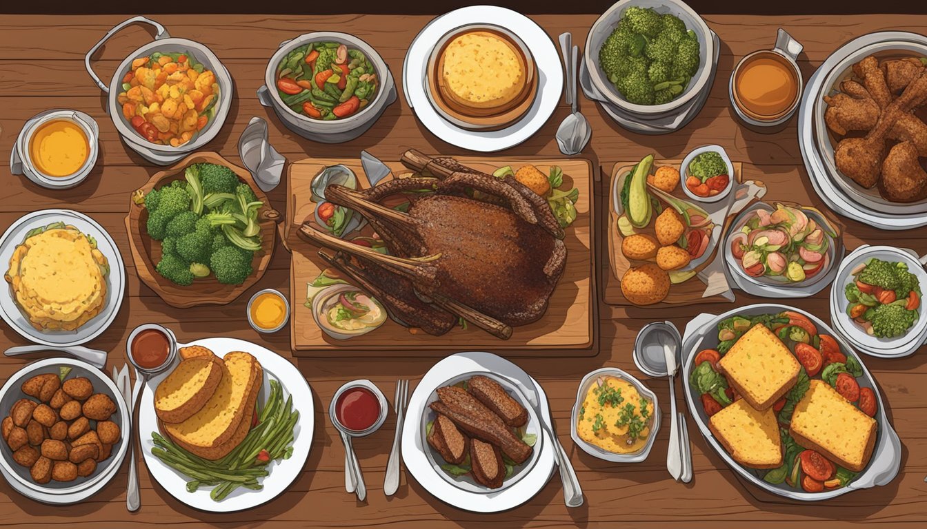 A rustic wooden table set with a Texas-style rack of lamb surrounded by an array of vibrant side dishes and pairings, including roasted vegetables, cornbread, and a tangy barbecue sauce