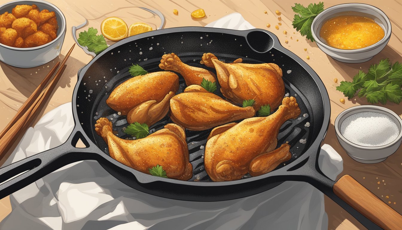 A cast-iron skillet sizzling with bubbling oil, golden-brown chicken pieces frying to perfection, surrounded by a mix of flour, salt, pepper, and paprika