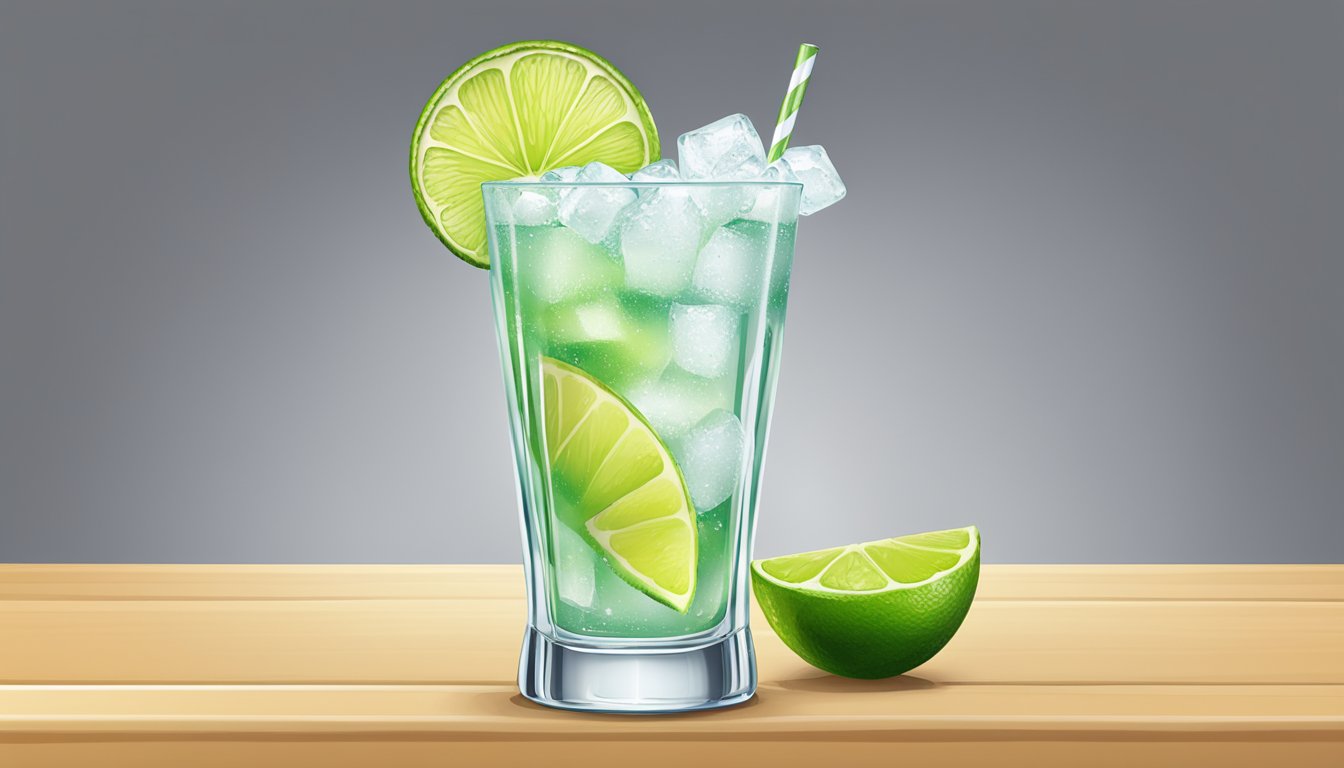 A glass filled with ice, a shaker filled with tequila, lime juice, and triple sec, with a salt-rimmed rim and a lime wedge garnish