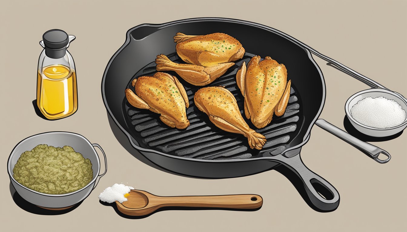 A cast-iron skillet sizzling with oil, a platter of seasoned chicken, a bowl of flour, and a pair of tongs ready to fry