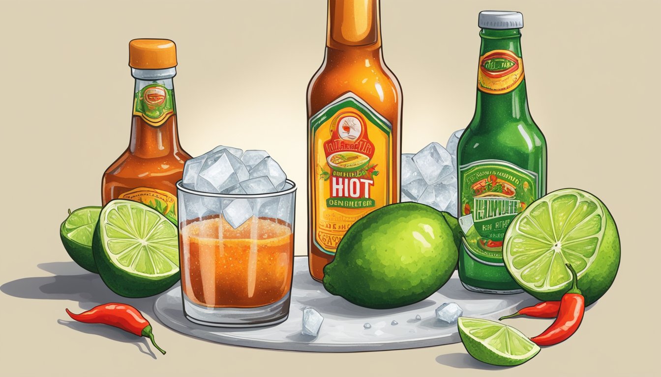 A hand reaches for a bottle of hot sauce next to a glass filled with ice and a bottle of beer, surrounded by lime wedges and chili powder