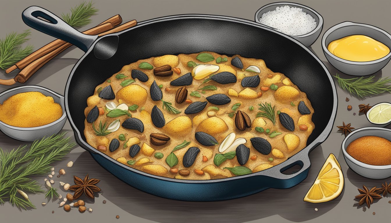 A cast iron skillet sizzling on a stovetop, filled with bubbling oil and surrounded by a variety of seasonings and spices