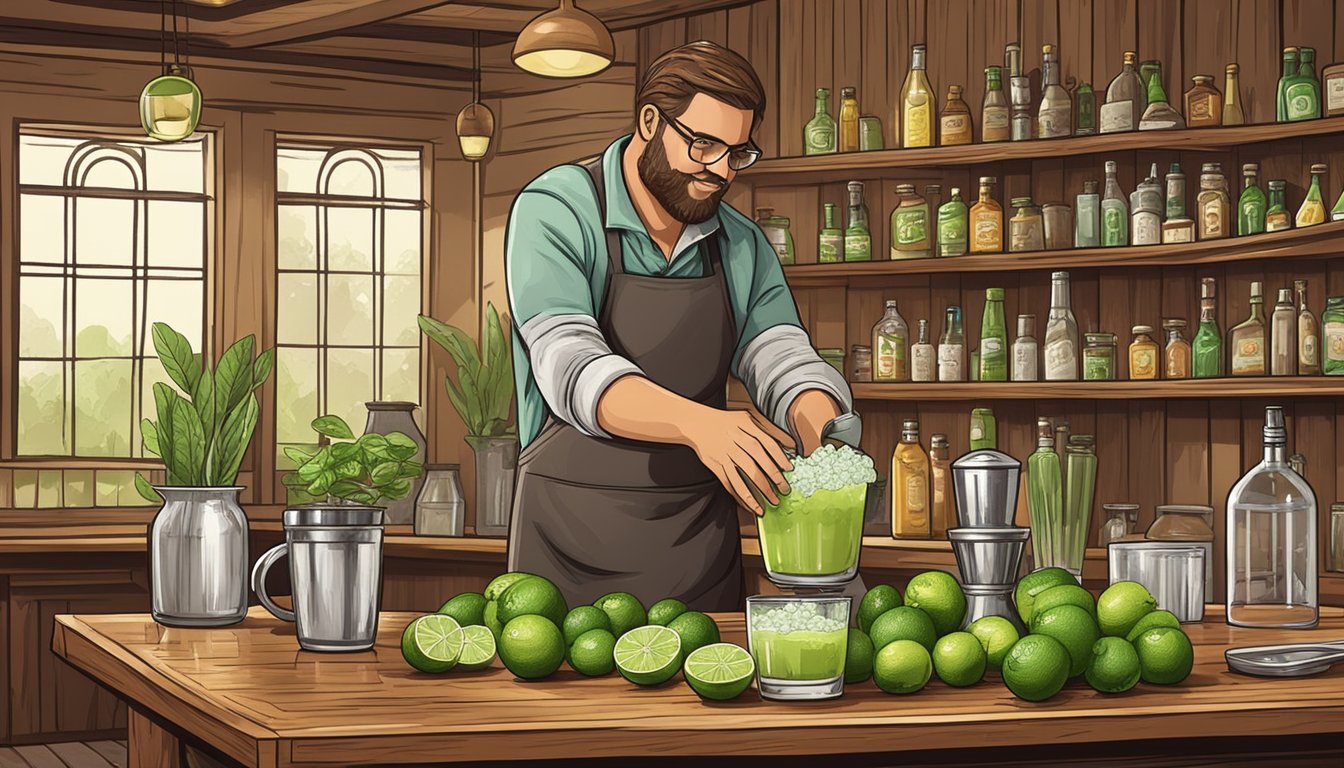 A rustic bar setting with a bartender mixing ingredients in a shaker, surrounded by fresh limes and a salt-rimmed glass