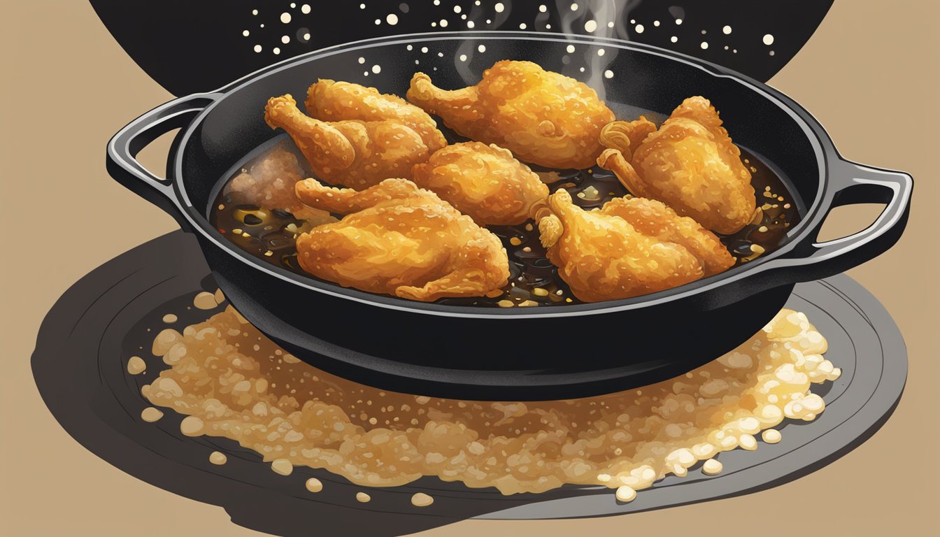 A cast-iron skillet sizzles with battered chicken, surrounded by bubbling hot oil. A cloud of steam rises as the chicken turns golden brown