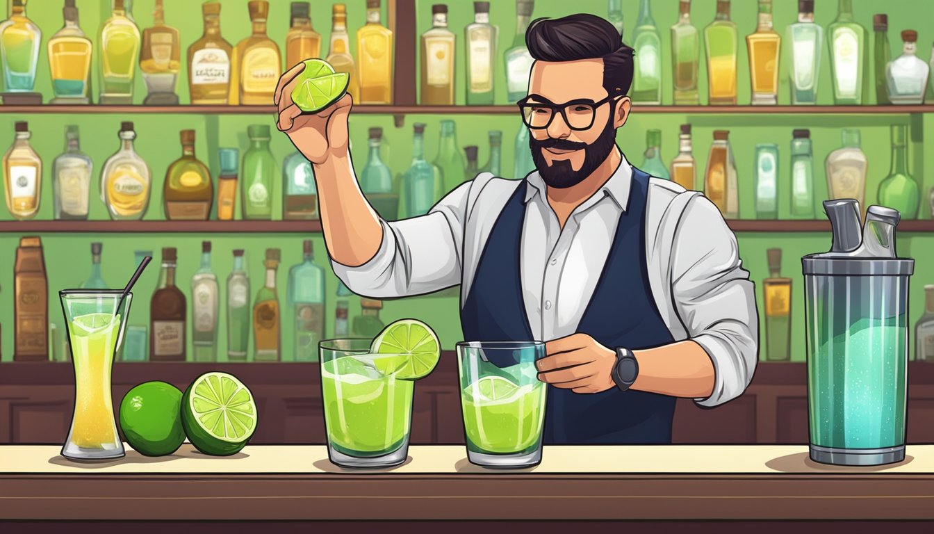 A bartender expertly mixes tequila, triple sec, lime juice, and agave nectar in a shaker, then pours the vibrant cocktail into a salt-rimmed glass with a lime wedge garnish