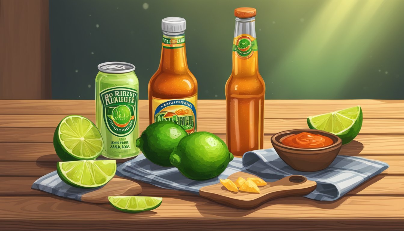 A bottle of hot sauce, a lime wedge, a salt-rimmed glass, and a bottle of beer on a wooden table