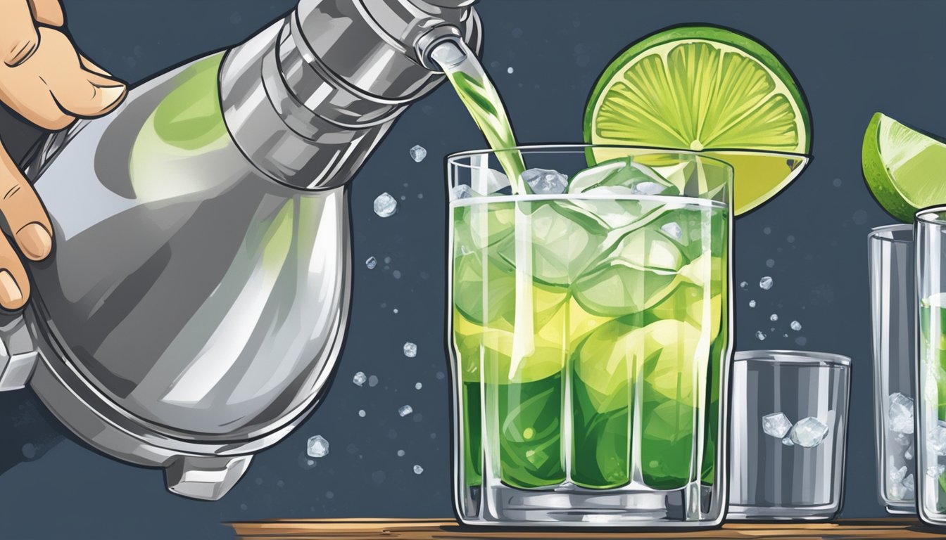 A bartender expertly pours tequila, triple sec, and lime juice into a shaker, adding ice and vigorously shaking. The mixture is then strained into a salt-rimmed glass, garnished with a lime wedge