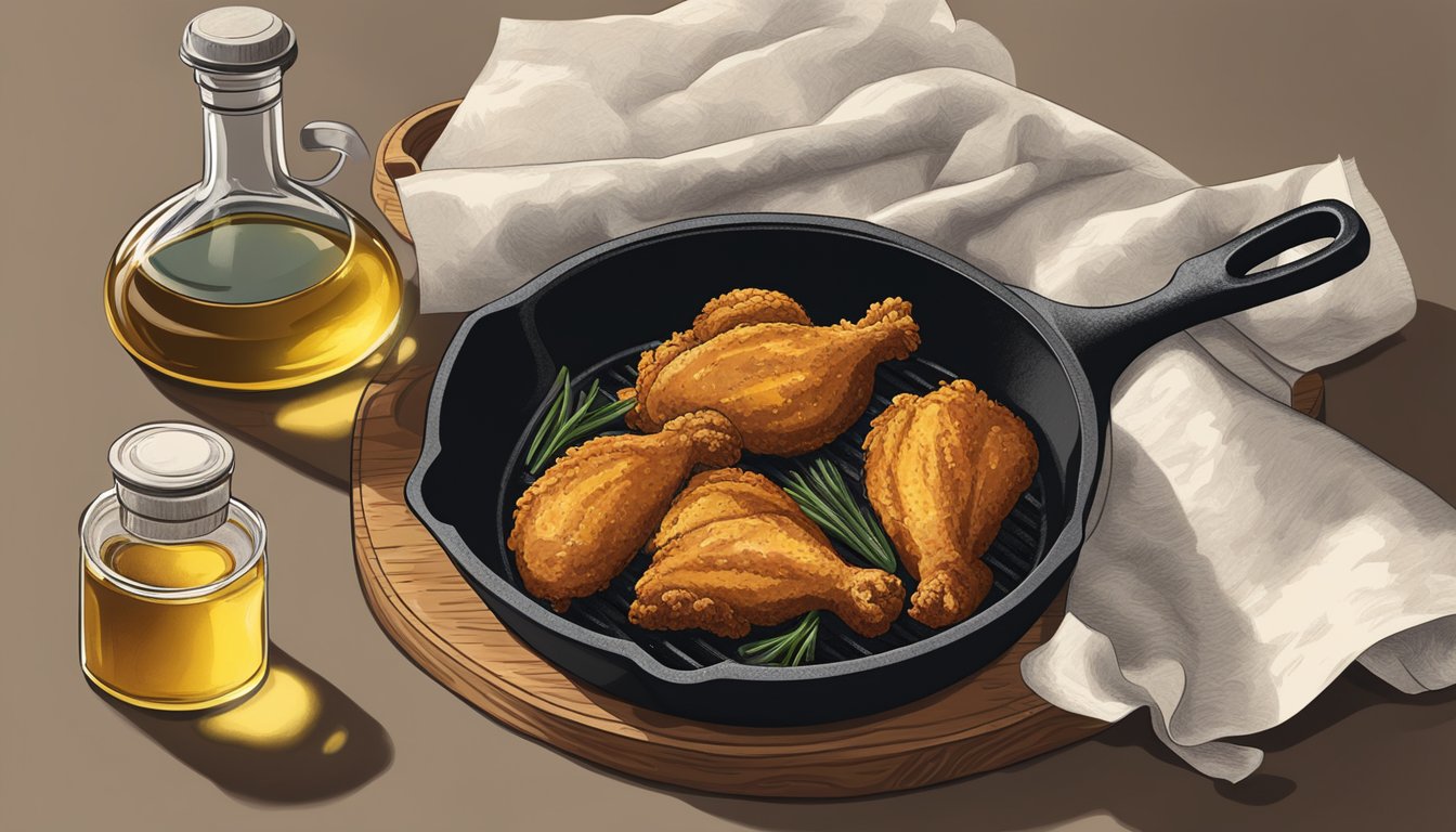 A sizzling cast iron skillet with fried chicken, surrounded by paper towels and a bottle of oil