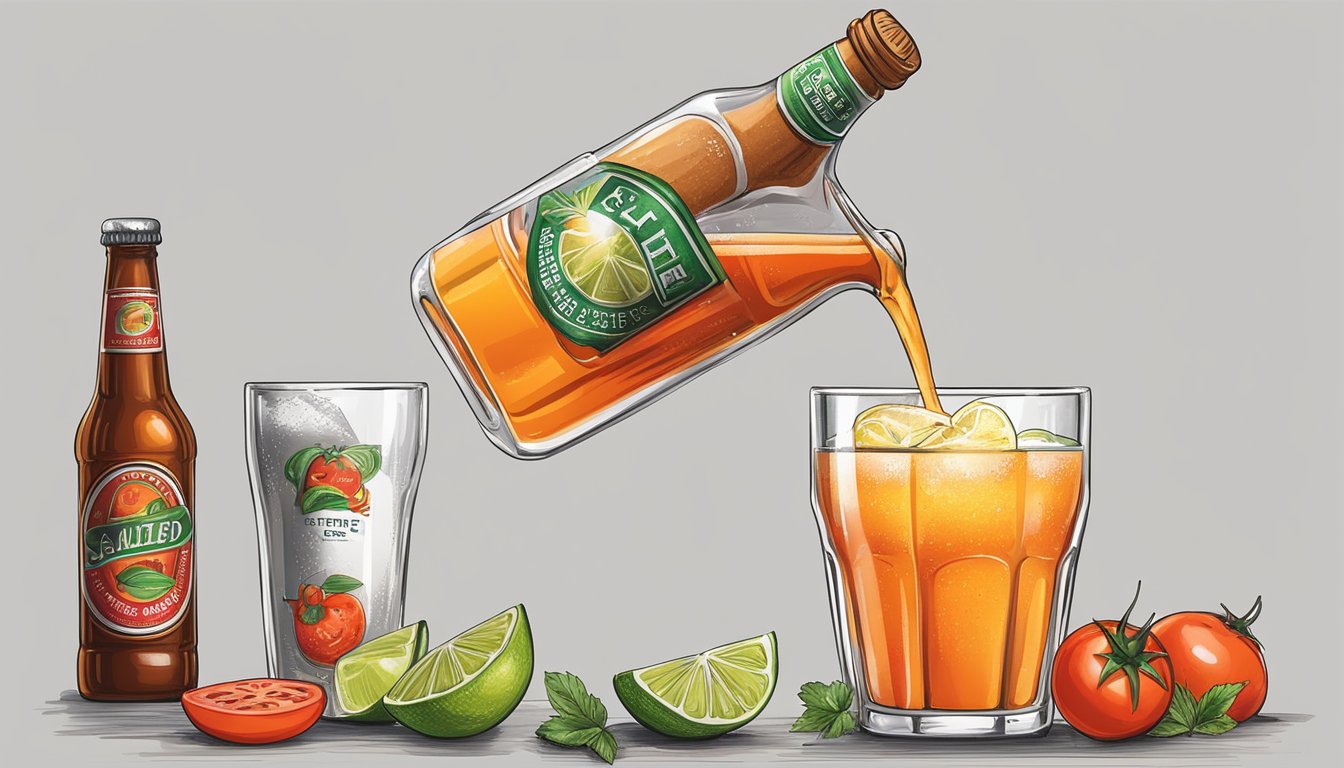 A hand pouring tomato juice, beer, lime juice, hot sauce, and spices into a glass with a salted rim