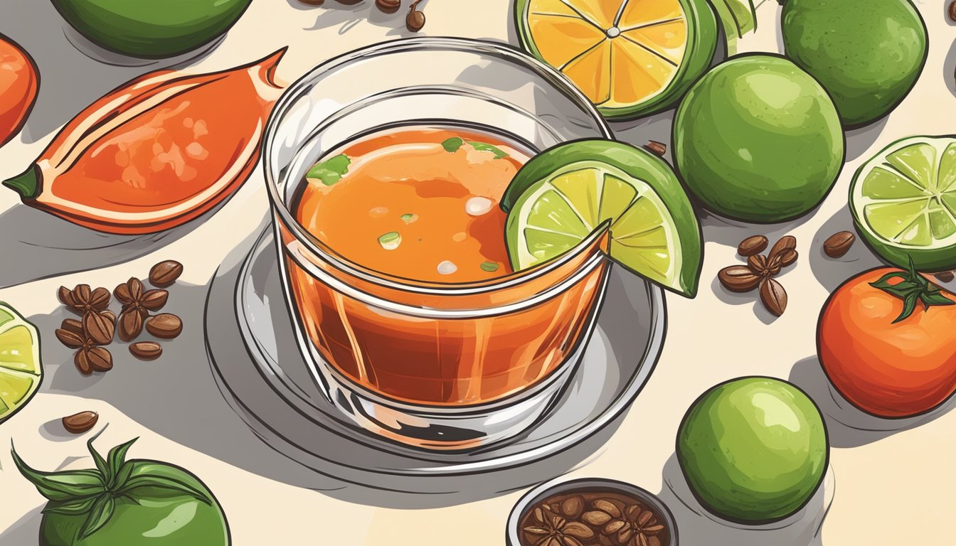 A hand mixing spices into a glass filled with tomato juice, hot sauce, and beer, garnished with a lime and salted rim