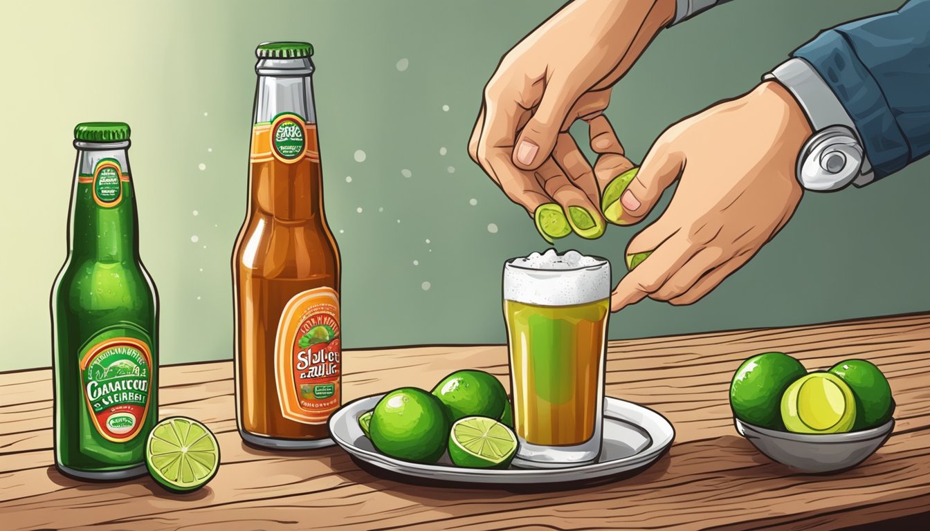 A hand reaching for a cold bottle of beer, a bottle of hot sauce, a lime, and a salt shaker on a wooden table