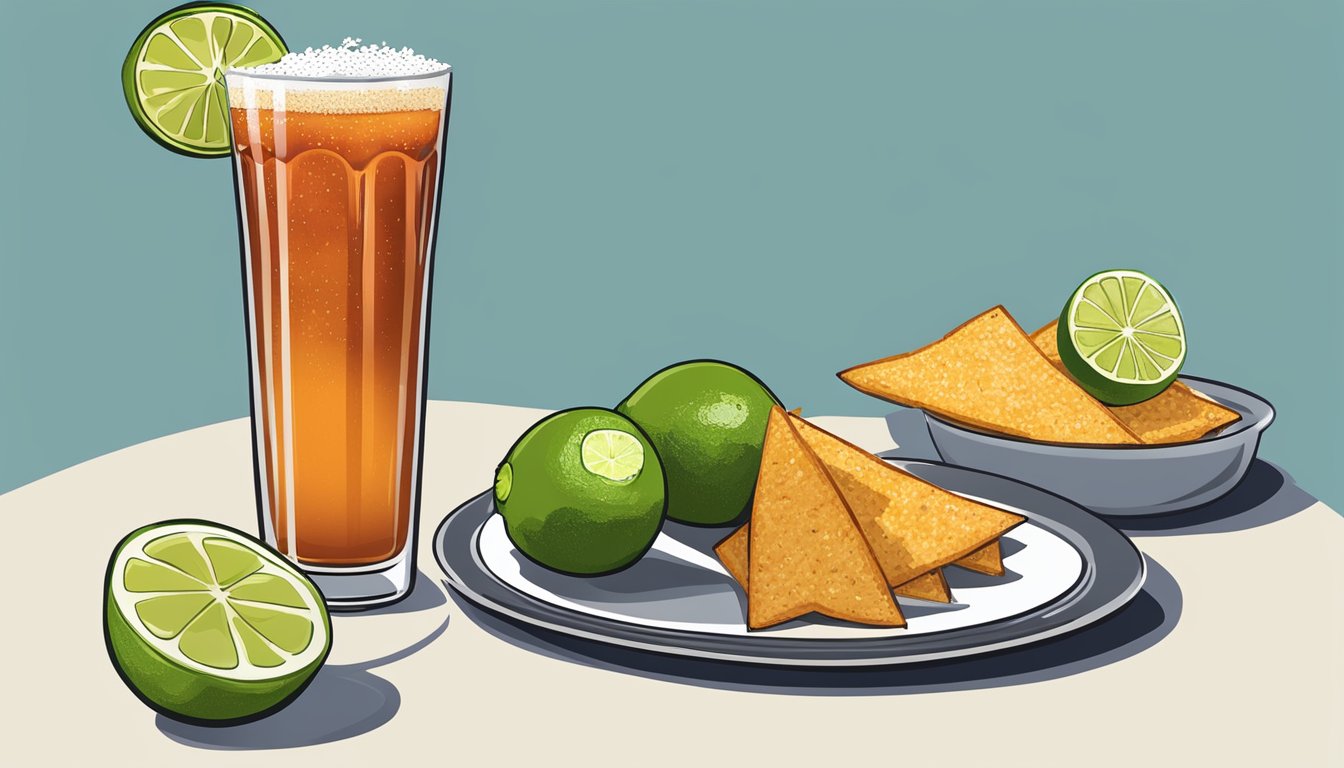 A tall glass filled with a spicy michelada, garnished with a lime wedge and a salted rim, sits next to a plate of Tex-Mex appetizers