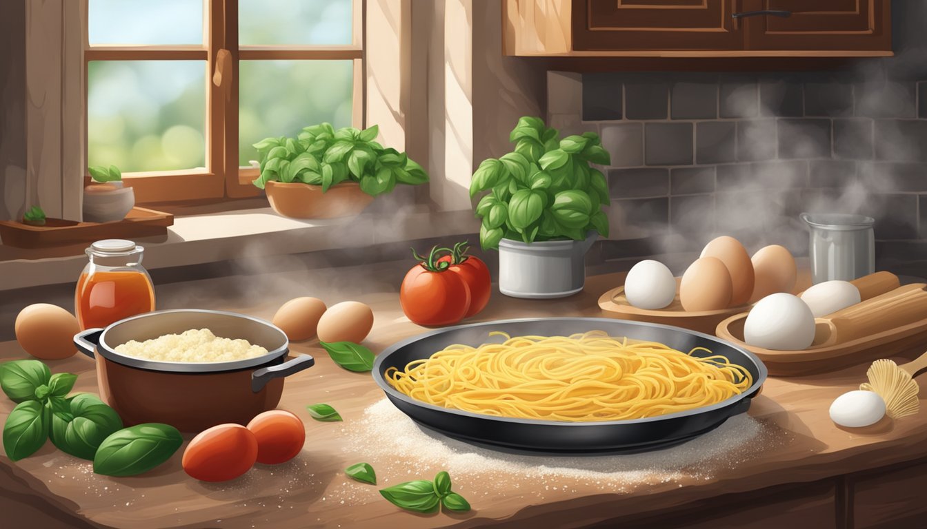 A rustic kitchen with a wooden table covered in flour, eggs, and pasta dough. A pot of simmering tomato sauce on the stove, with fresh basil and garlic nearby