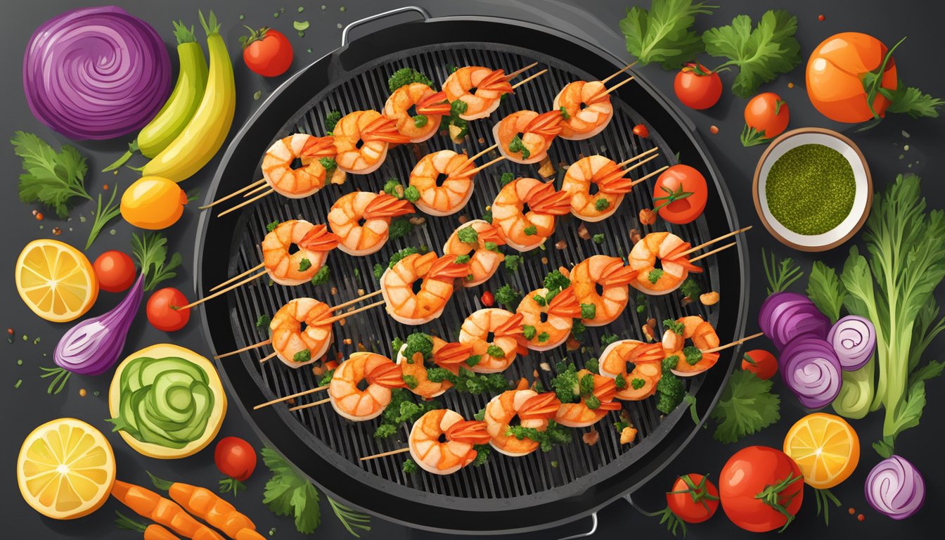 A grill with sizzling shrimp skewers, surrounded by colorful vegetables and a sprinkle of seasoning