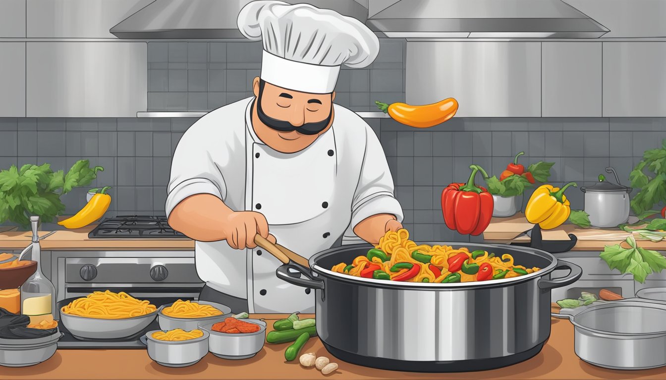 A chef adding smoked sausage, bell peppers, and jalapenos to a pot of boiling pasta