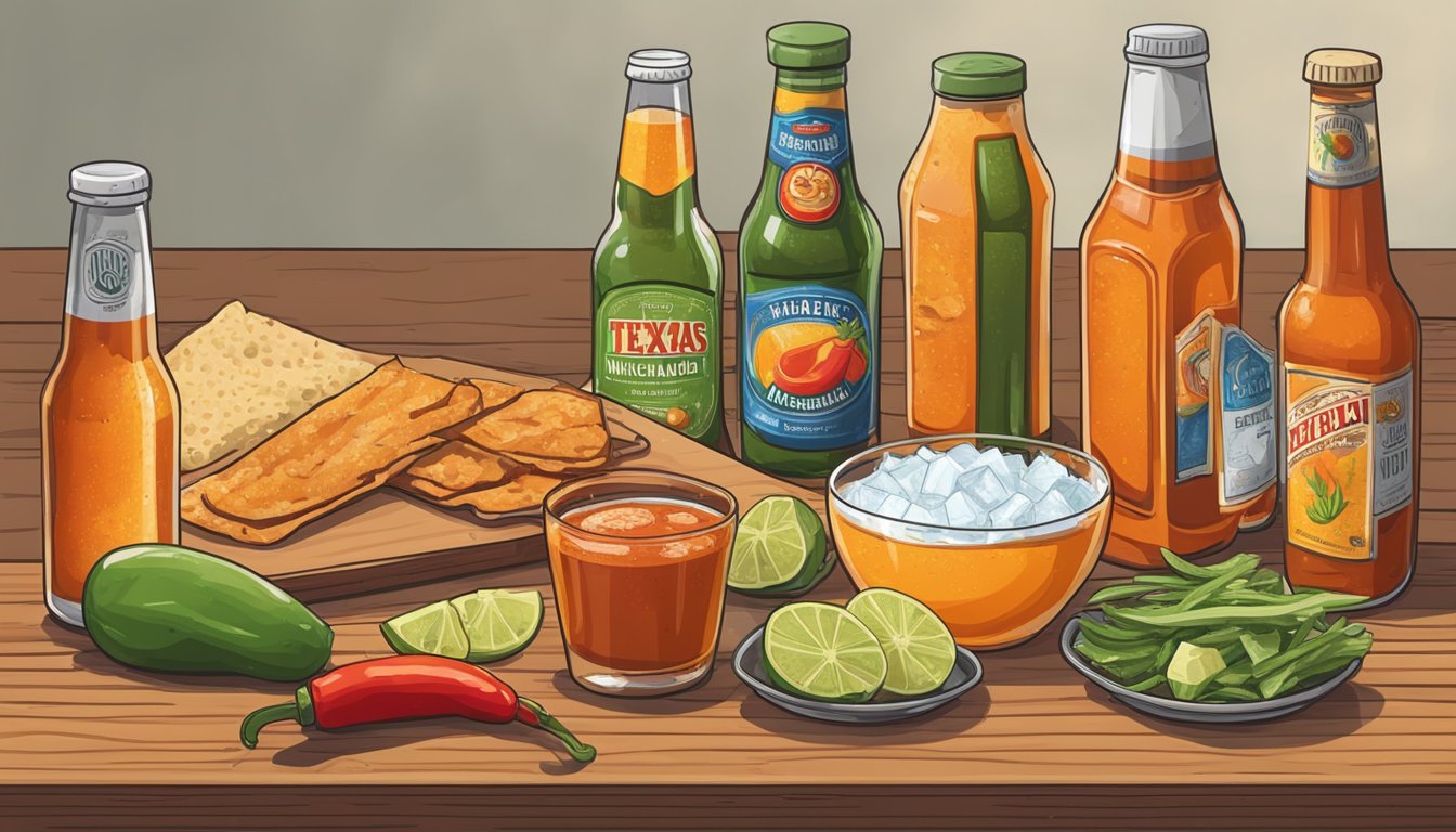 A hand reaches for a bottle of hot sauce next to a glass filled with ice and a bottle of beer. Ingredients for a spicy Texas michelada are laid out on a wooden table