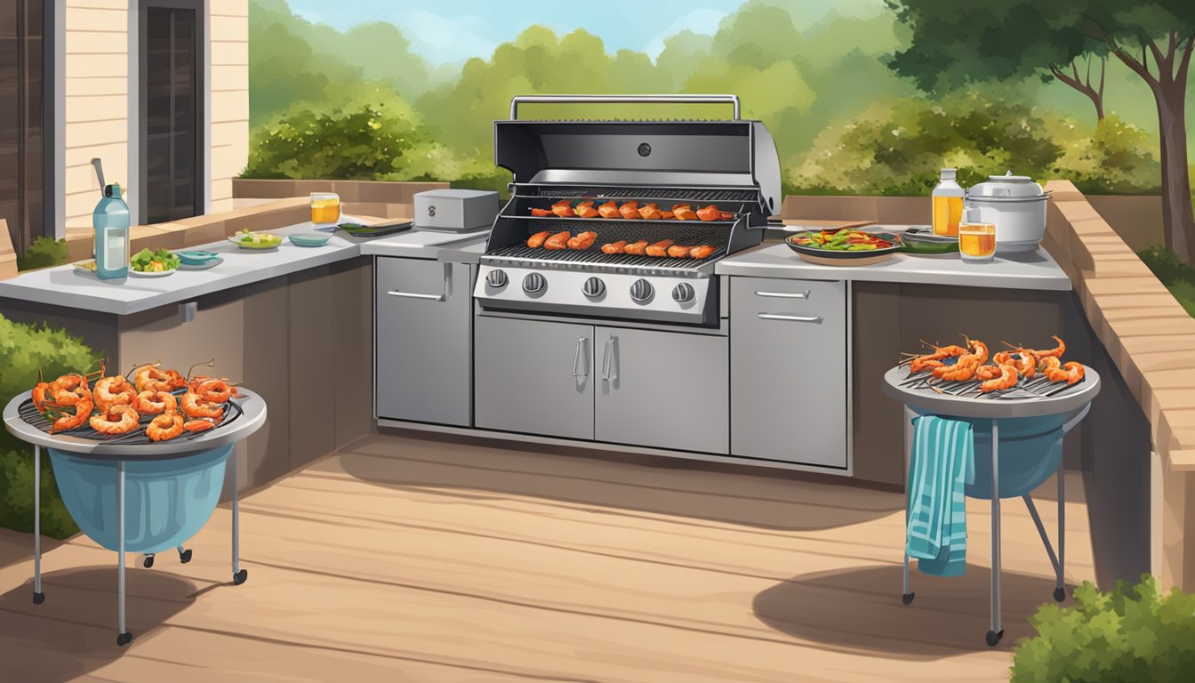 A grill with sizzling texas style shrimp skewers, surrounded by a clean and organized outdoor cooking area with proper food safety measures in place