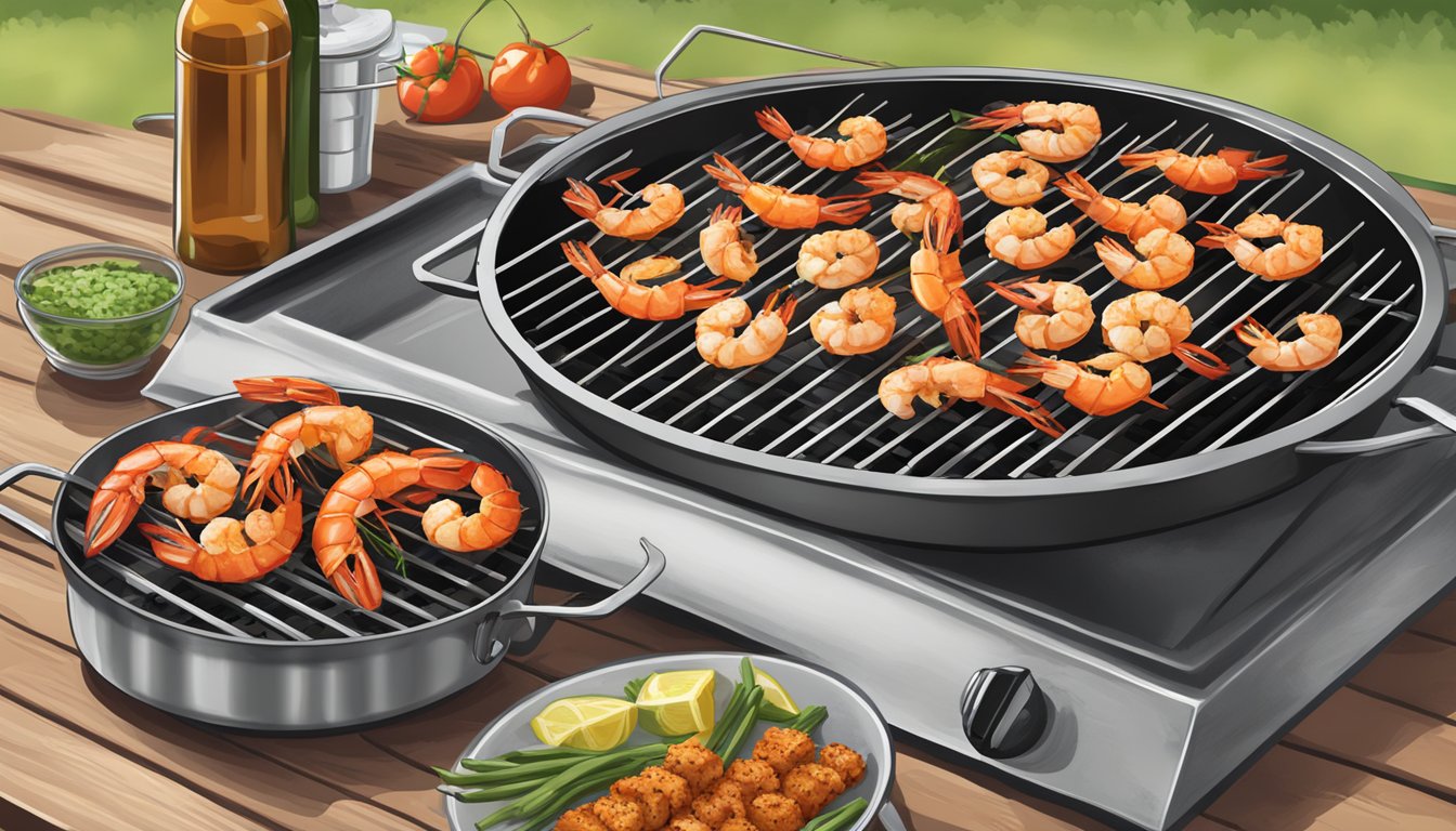 A grill with sizzling shrimp skewers, surrounded by Texas-style seasonings and utensils for cleanup and maintenance