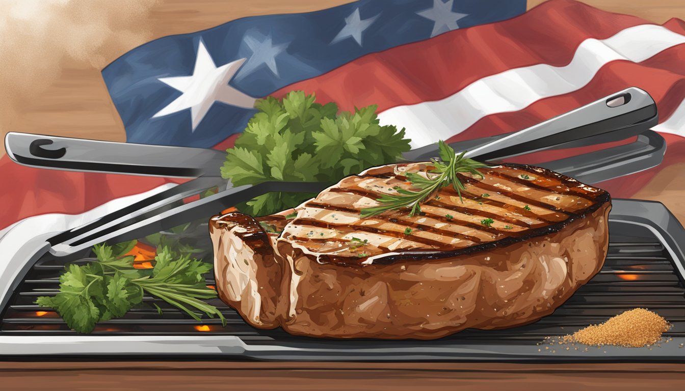 A sizzling pork chop on a grill with grill marks, surrounded by seasoning and herbs, with a Texas flag in the background