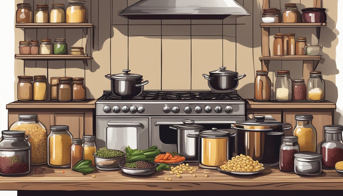 A rustic kitchen with a pot of bubbling pasta on the stove, surrounded by jars of spices, fresh vegetables, and a bottle of red wine