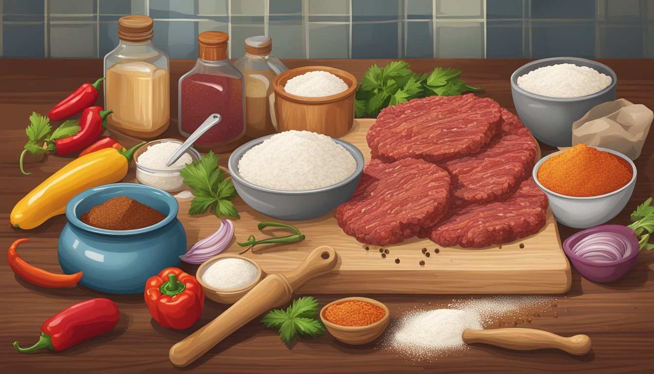 A rustic kitchen with flour-dusted countertops and a rolling pin, surrounded by ingredients like ground beef, chili powder, and diced peppers