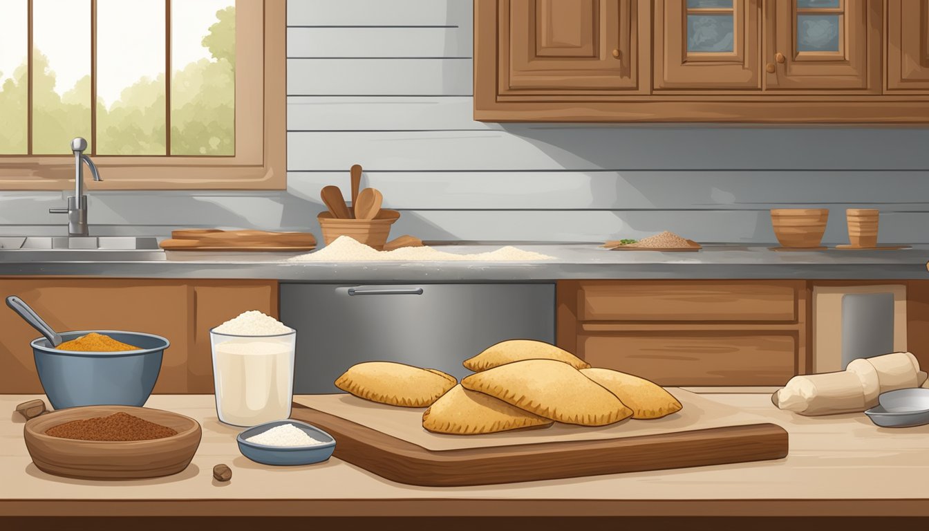 A rustic kitchen counter with flour, ground beef, spices, and a rolling pin for making Texas-style empanadas