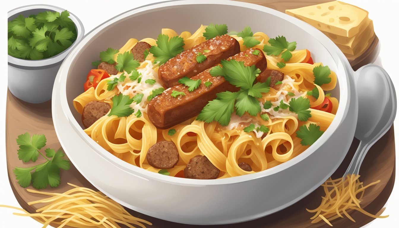 A steaming bowl of Texas-style pasta with spicy sausage, bell peppers, and onions, garnished with fresh cilantro and grated cheese