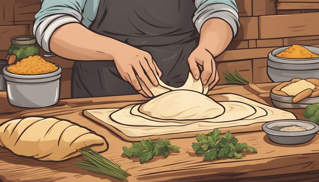 A pair of hands kneading dough in a rustic kitchen, surrounded by ingredients and utensils for making Texas-style empanadas