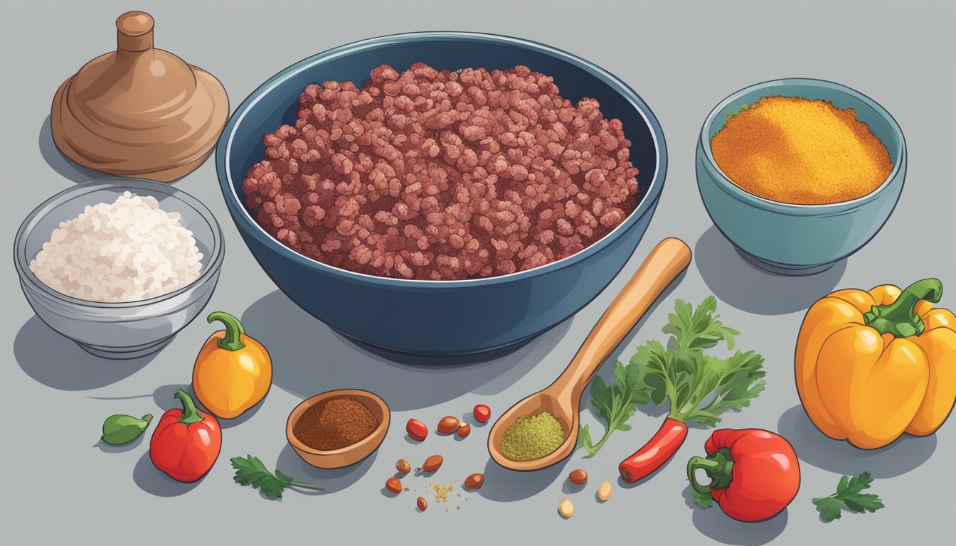 A hand mixing ground beef, onions, peppers, and spices in a bowl