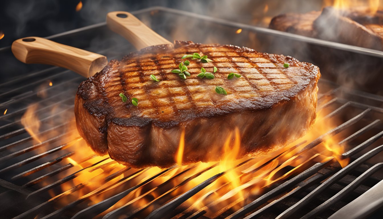 Juicy pork chops sizzling on a hot grill, with grill marks and a golden-brown crust, smoke rising into the air