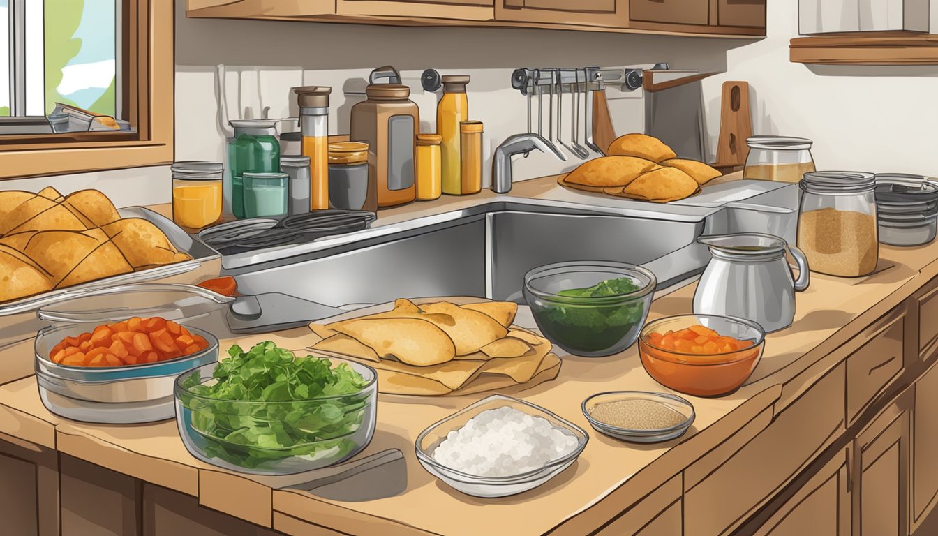 A kitchen counter with ingredients and utensils for making Texas-style empanadas