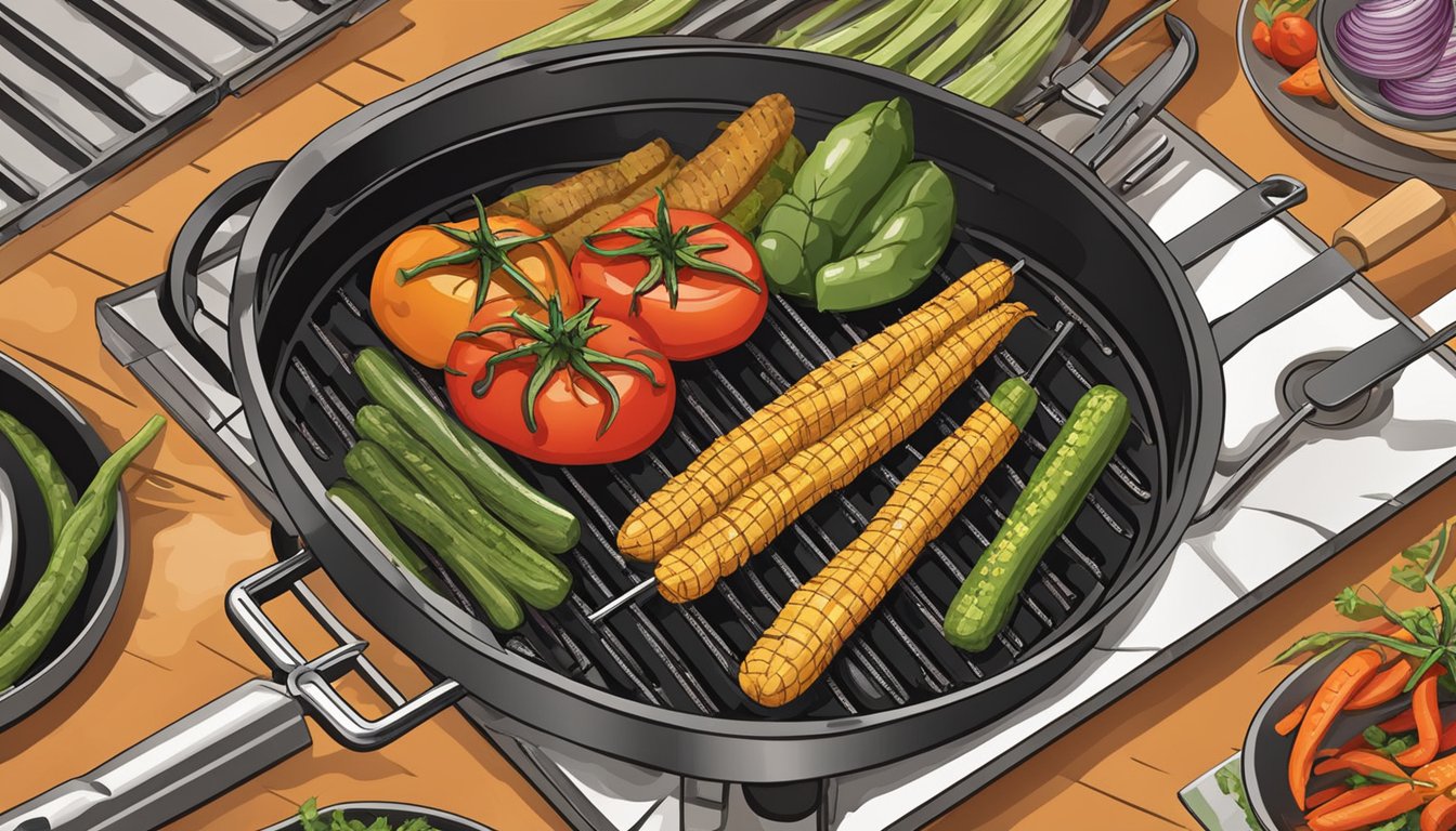 A grill with Texas-style vegetables sizzling over the flames, surrounded by essential grilling equipment like tongs, spatula, and a grill brush