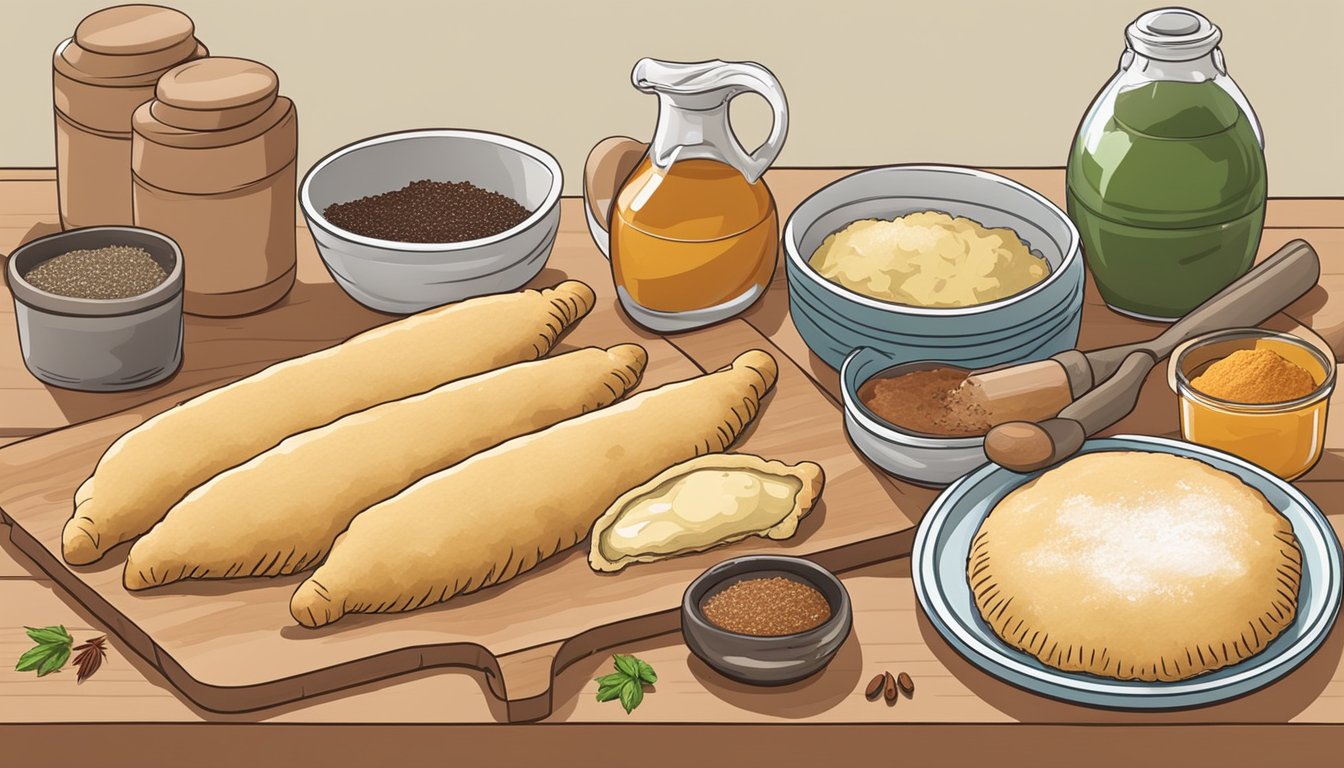 A kitchen counter with ingredients and tools for making Texas-style empanadas. A rolling pin, dough, meat, and spices are laid out