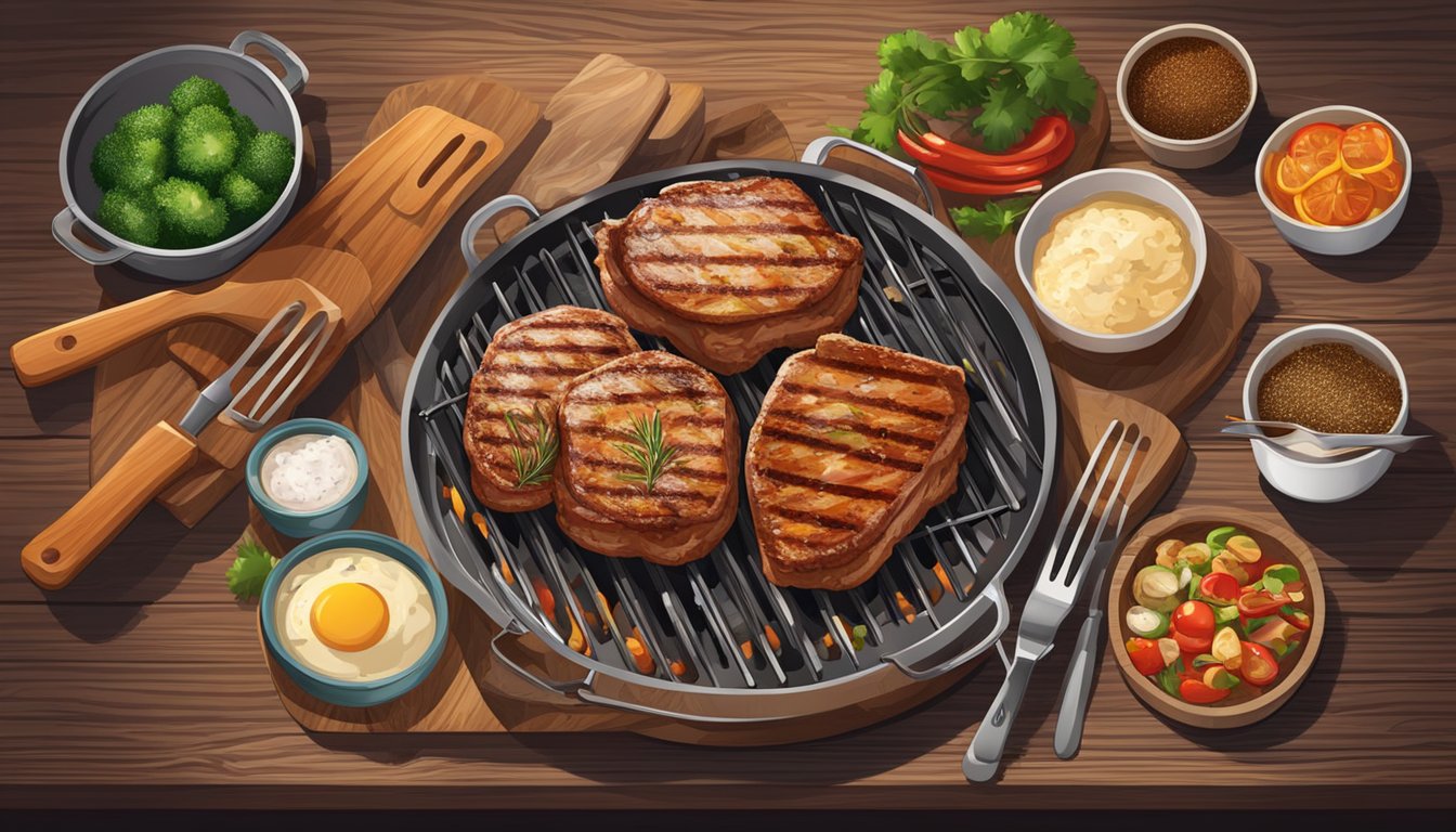 A grill with sizzling pork chops, surrounded by seasoning and utensils on a wooden table