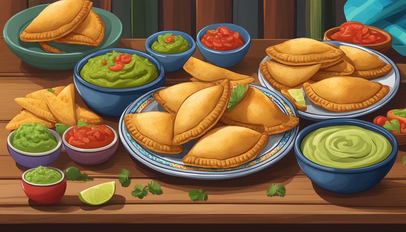 A rustic wooden table with a platter of golden-brown Texas-style empanadas, surrounded by colorful bowls of salsa and guacamole