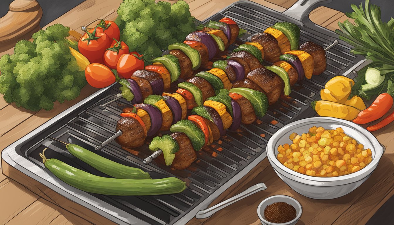 A grill with sizzling Texas-style vegetables being brushed with marinade and seasonings