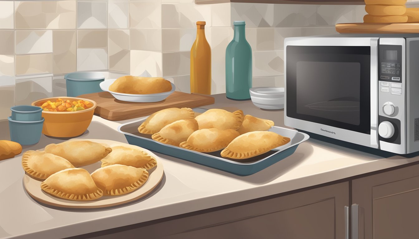 A kitchen counter with a cutting board, rolling pin, bowl of dough, and a tray of freshly baked empanadas. A microwave and storage containers are nearby