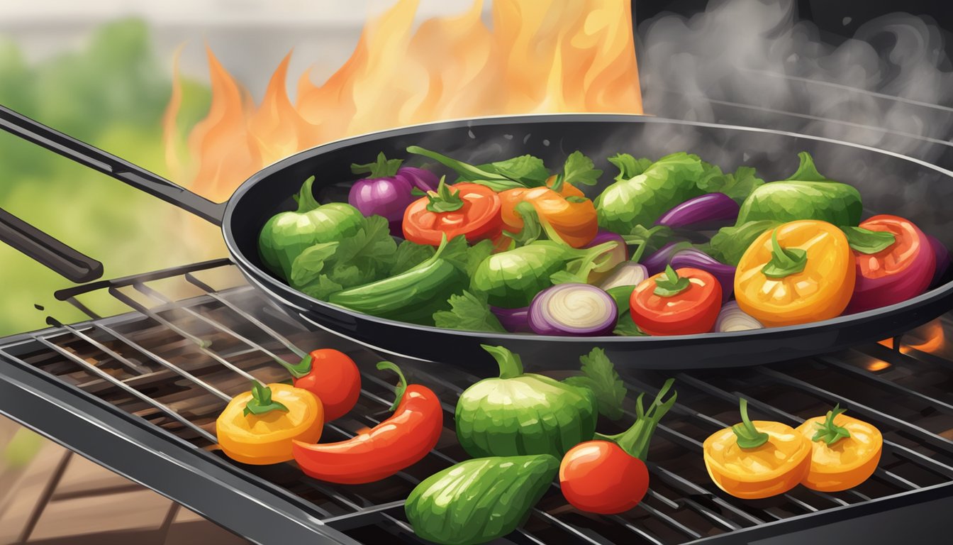 Fresh vegetables sizzling on a hot grill, with charred grill marks and a smoky aroma filling the air