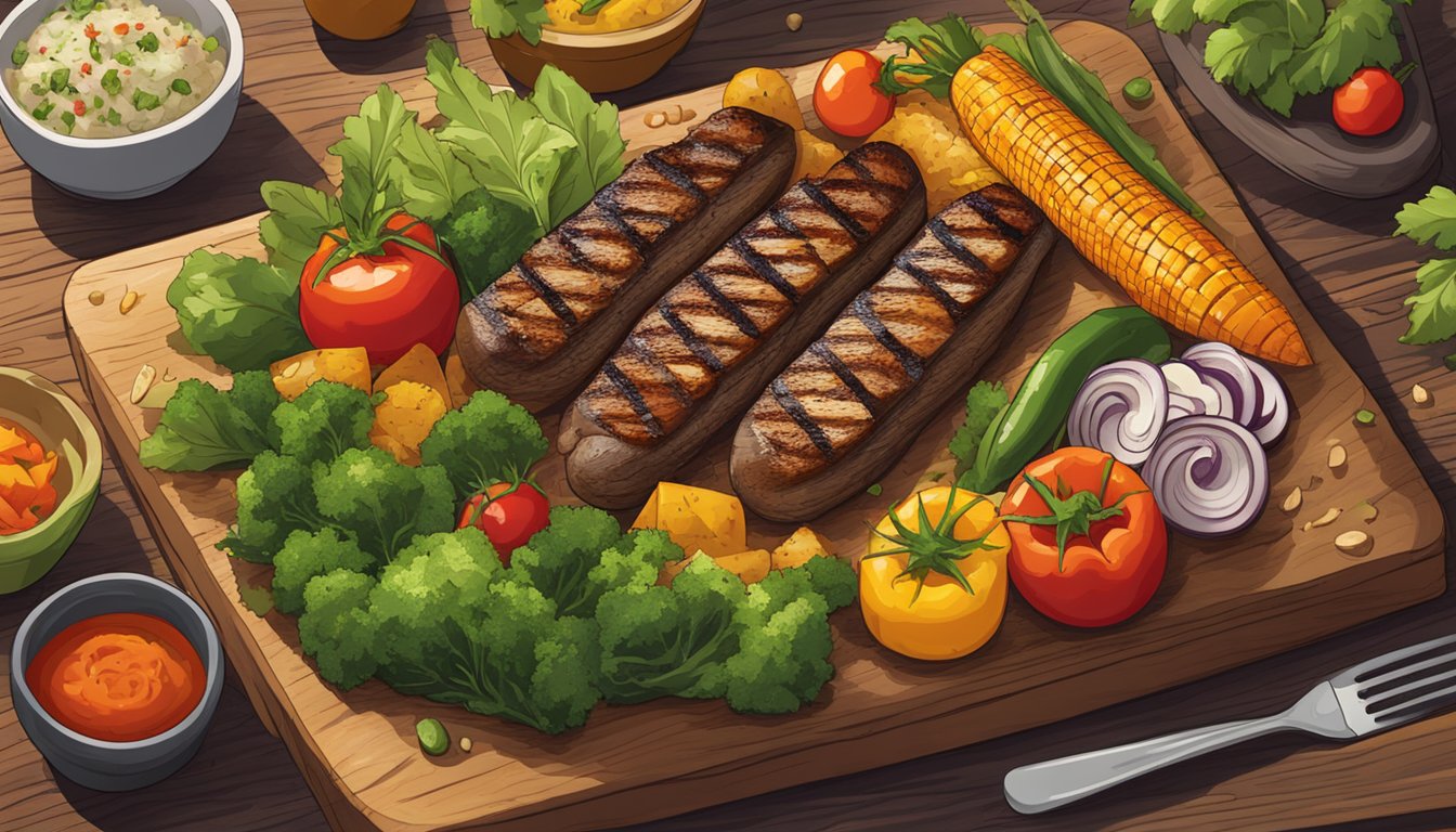 A grill with sizzling Texas-style vegetables arranged on a wooden platter, surrounded by colorful garnishes and herbs