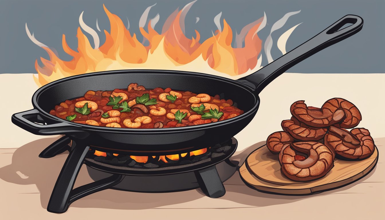 A large cast iron skillet sizzling over an open flame, filled with a colorful mix of chorizo, shrimp, and wild game meat, all simmering in a rich, spicy tomato-based sauce