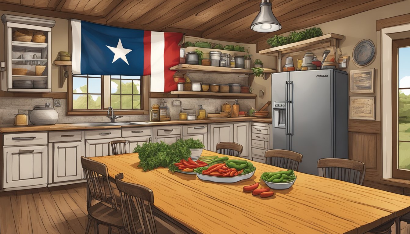 A rustic kitchen with a wooden table covered in local ingredients like jalapeños, chorizo, and cheddar cheese. A Texas flag hangs on the wall