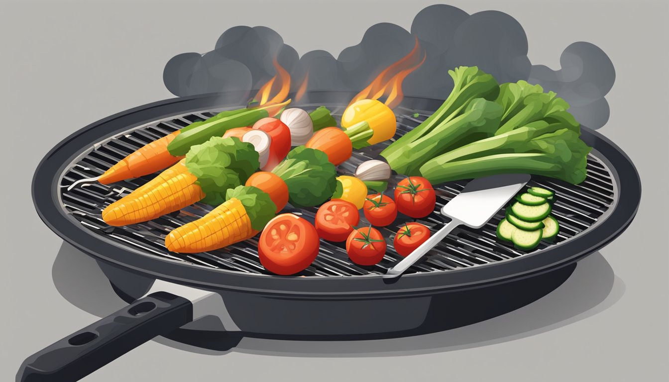 Fresh vegetables arranged on a grill with smoke rising, a spatula flipping them as they sizzle over the open flames