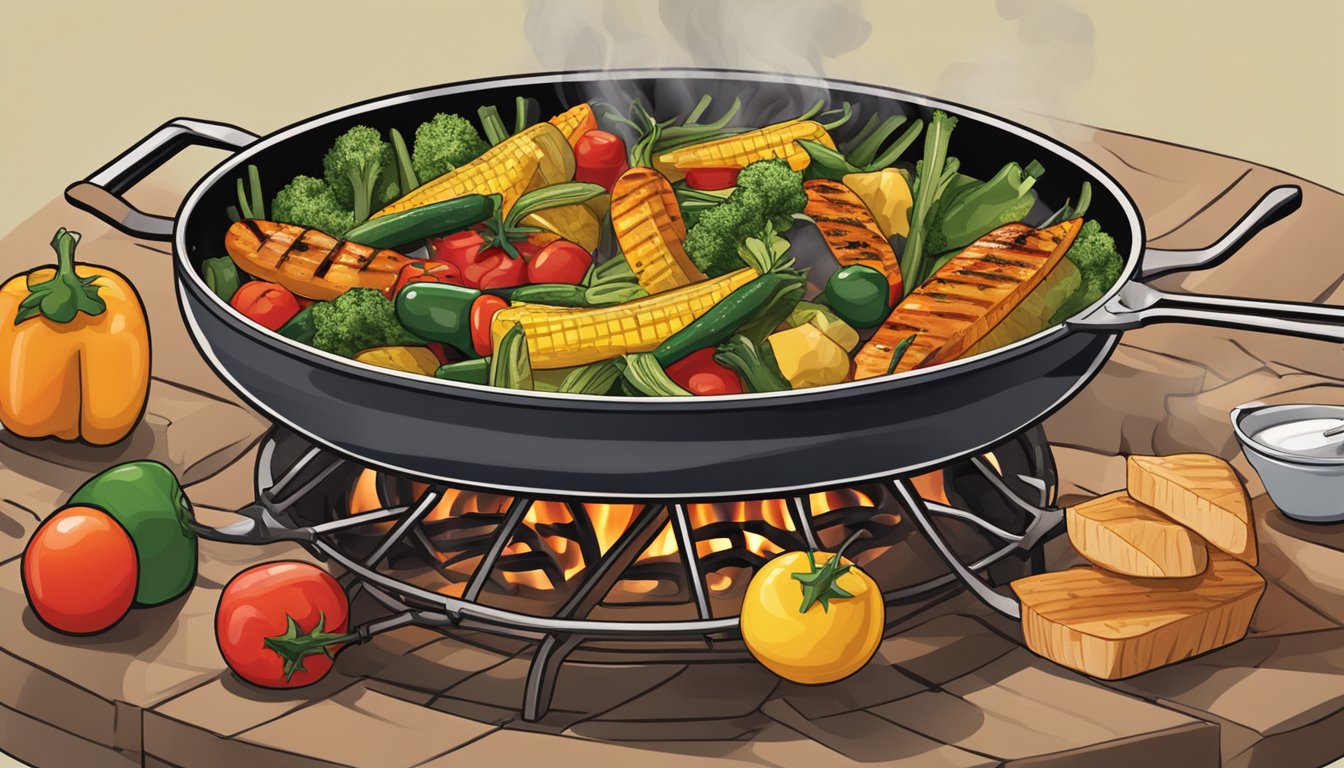 A grill with assorted Texas-style vegetables sizzling over the open flame