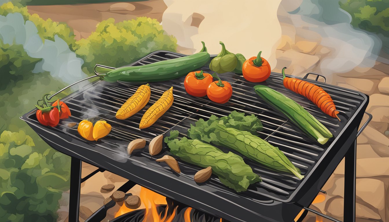 Fresh Texas vegetables arranged on a grill over hot coals, with smoke rising and a rustic outdoor setting in the background