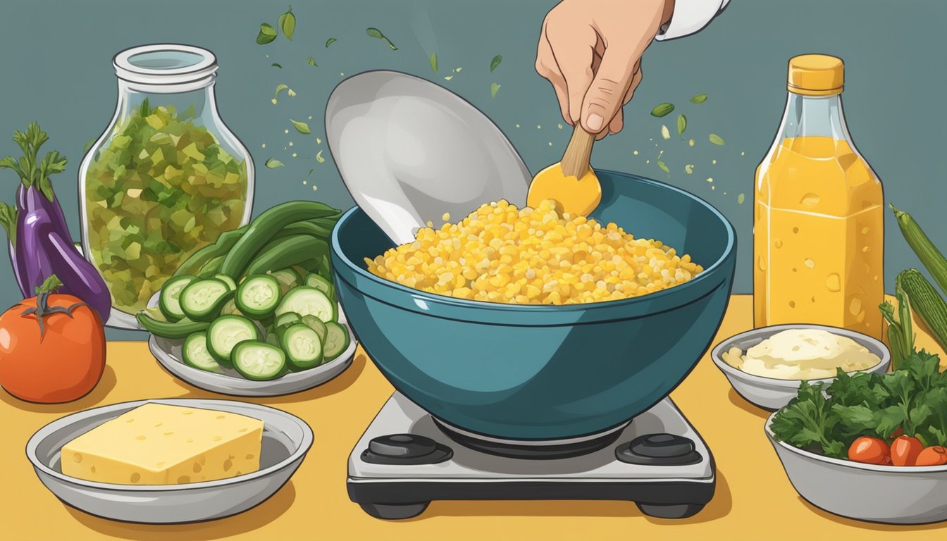 A chef mixes local eggs, cheese, and vegetables in a bowl, surrounded by Texan ingredients like jalapeños and corn