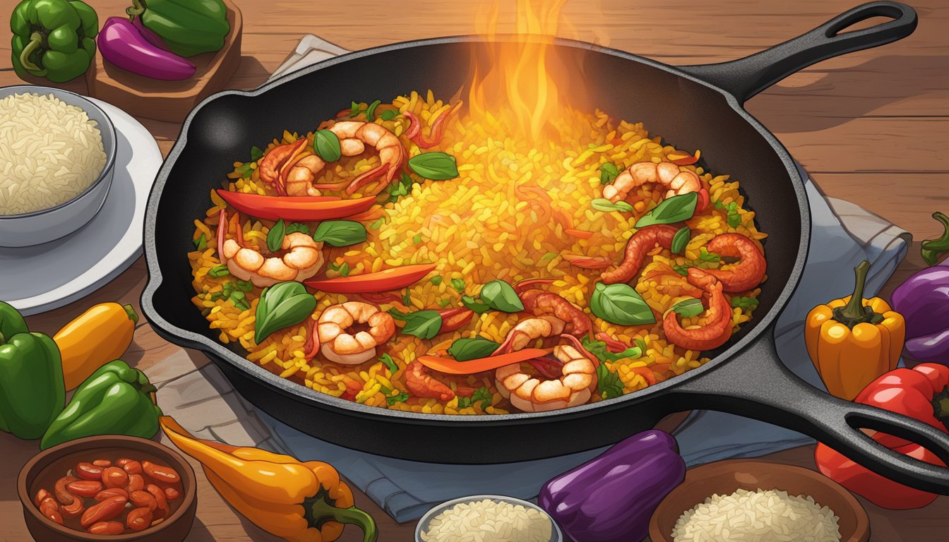 A large cast iron skillet sizzling over an open flame, filled with chorizo, shrimp, and saffron-infused rice, surrounded by colorful bell peppers and onions